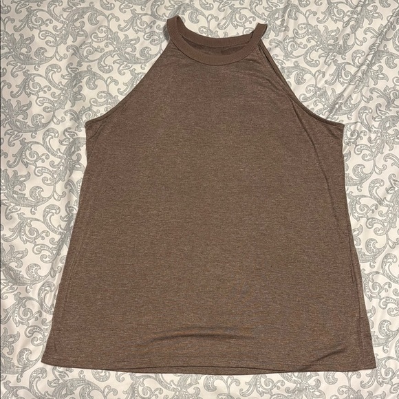Yuccally Tops - Brown and Tan Relaxed Fit Tank Top with High Neckline